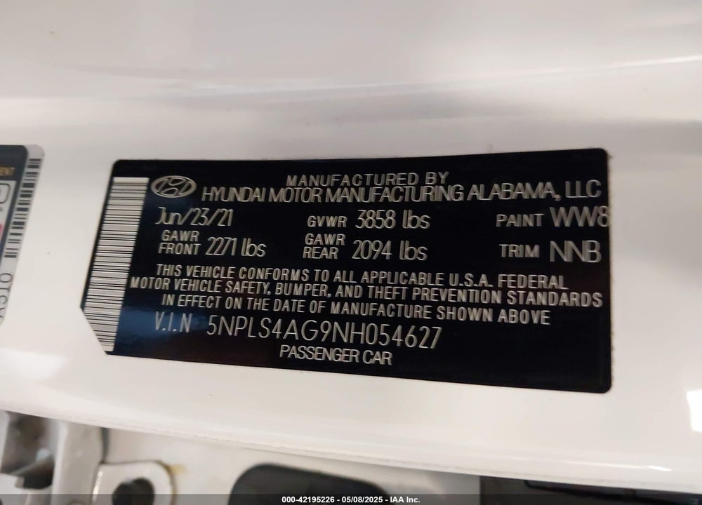 2022 HYUNDAI ELANTRA VIN: 5NPLS4AG9NH054627