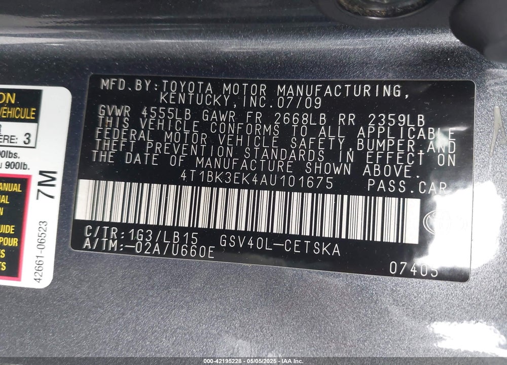 2010 TOYOTA CAMRY SE V6 VIN: 4T1BK3EK4AU101675