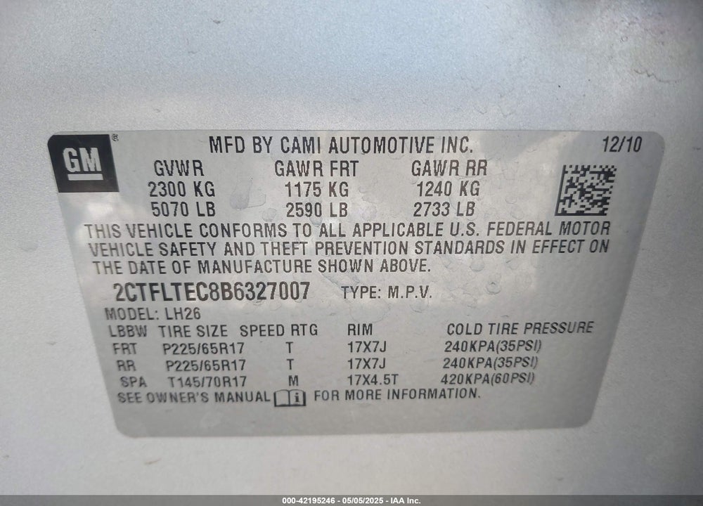 2011 GMC TERRAIN SLE-2 VIN: 2CTFLTEC8B6327007