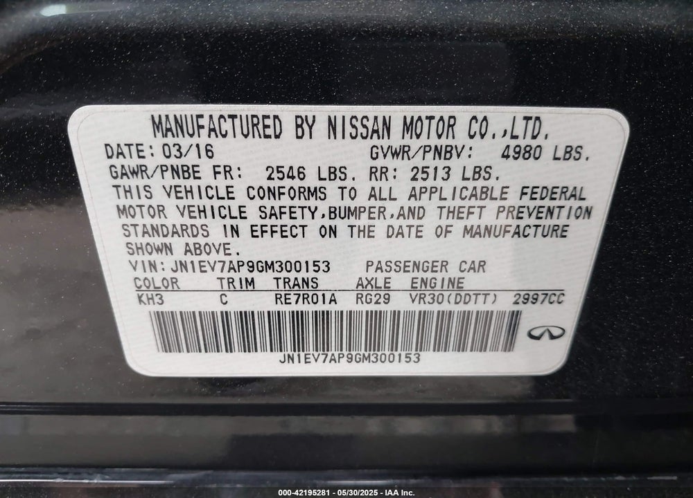 2016 INFINITI Q50 VIN: JN1EV7AP9GM300153