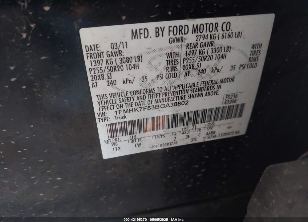 2011 FORD EXPLORER LIMITED VIN: 1FMHK7F83BGA38802