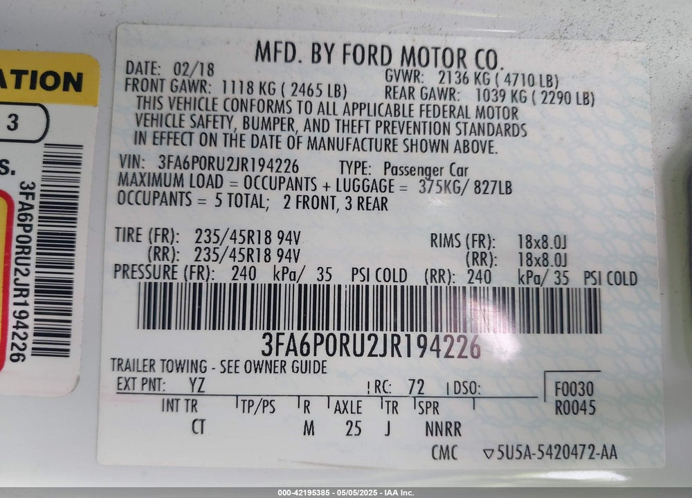 2018 FORD FUSION HYBRID TITANIUM VIN: 3FA6P0RU2JR194226