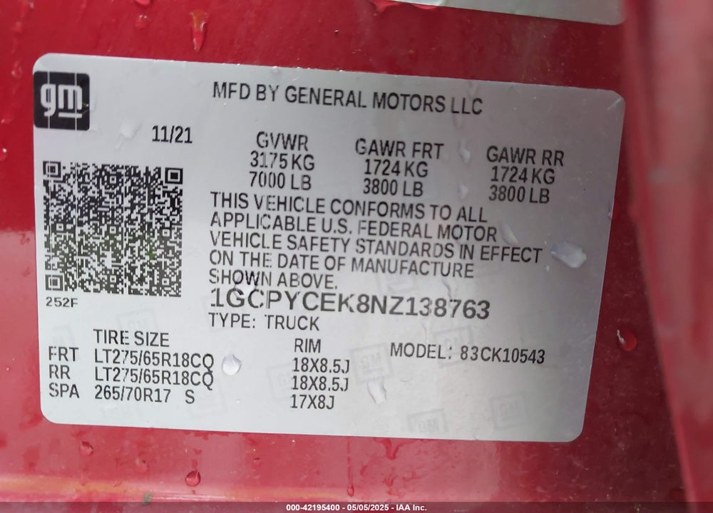 2022 CHEVROLET SILVERADO 1500 LTD VIN: 1GCPYCEK8NZ138763