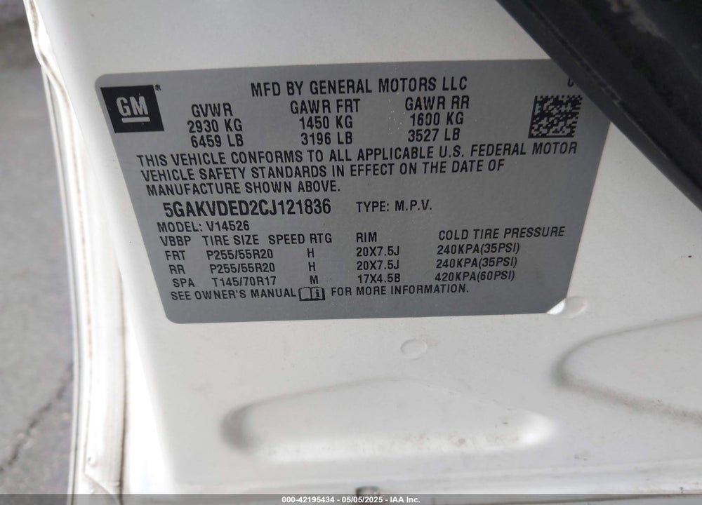 2012 BUICK ENCLAVE PREMIUM VIN: 5GAKVDED2CJ121836