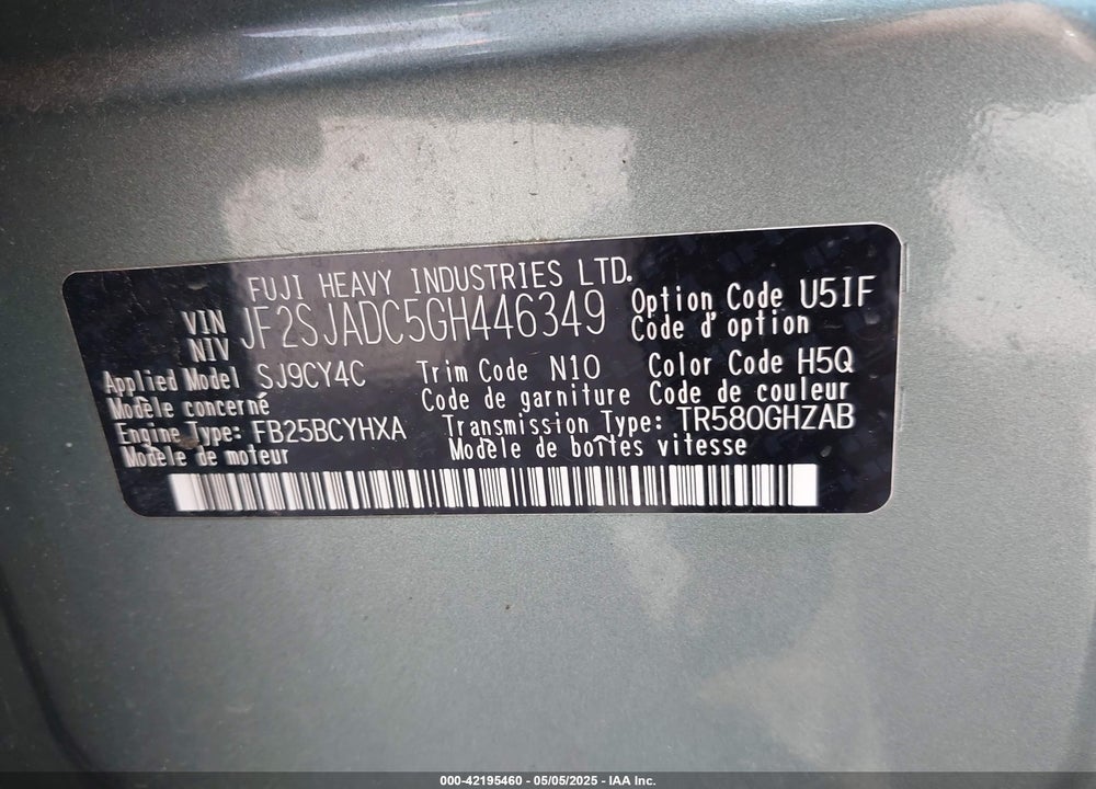 2016 SUBARU FORESTER VIN: JF2SJADC5GH446349