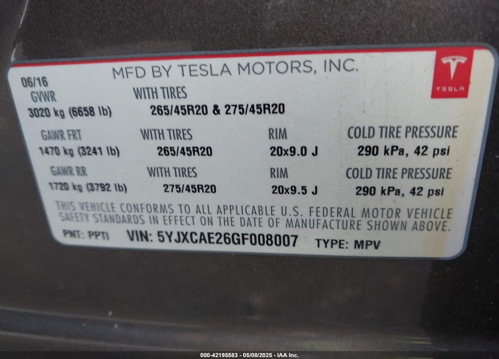 2016 TESLA MODEL X VIN: 5YJXCAE26GF008007