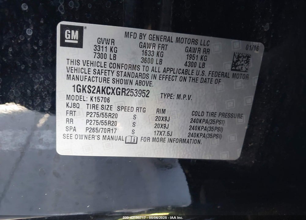 2016 GMC YUKON VIN: 1GKS2AKCXGR253952