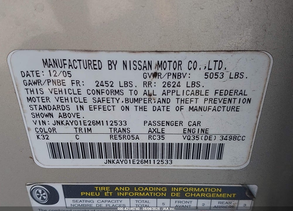 2006 INFINITI M35 VIN: JNKAY01E26M112533