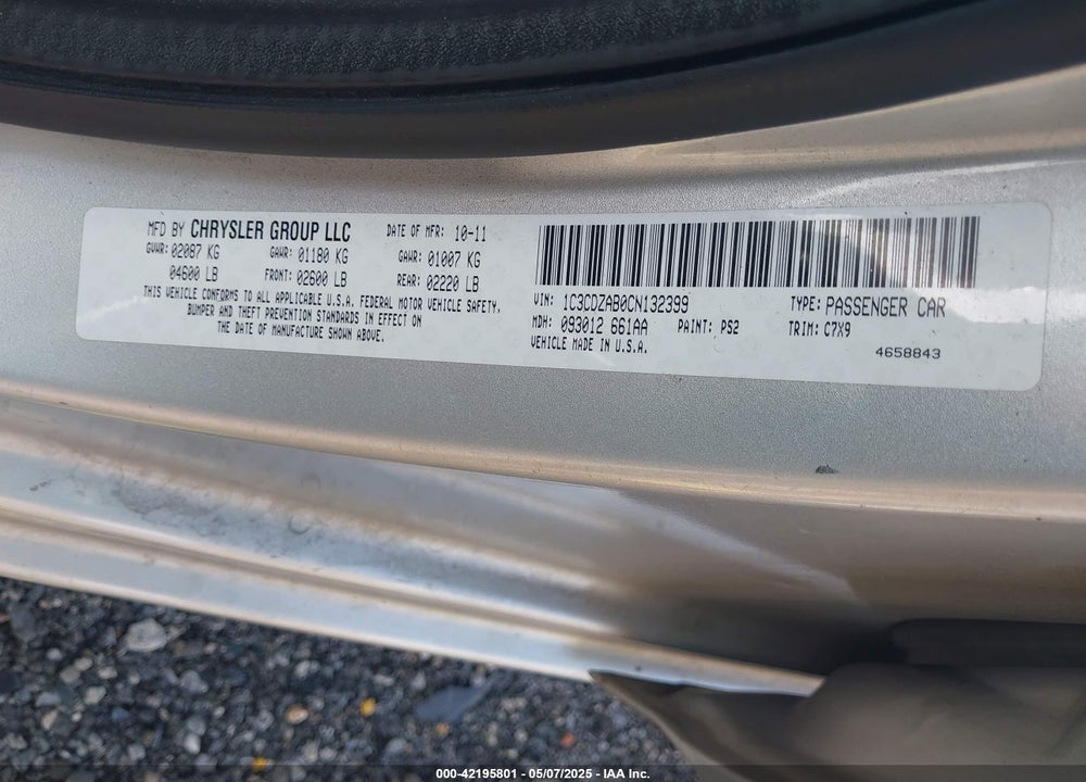 2012 DODGE AVENGER VIN: 1C3CDZAB0CN132399