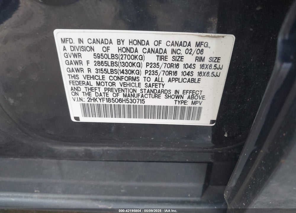 2006 HONDA PILOT VIN: 2HKYF18506H530715