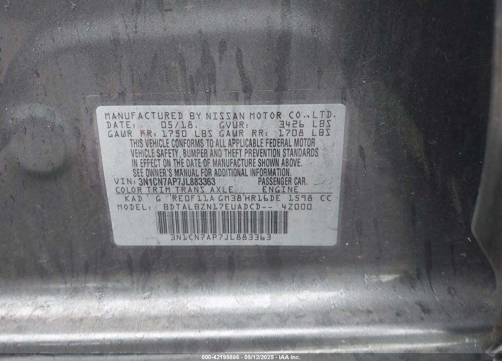 2018 NISSAN VERSA 1.6 SV VIN: 3N1CN7AP7JL883363