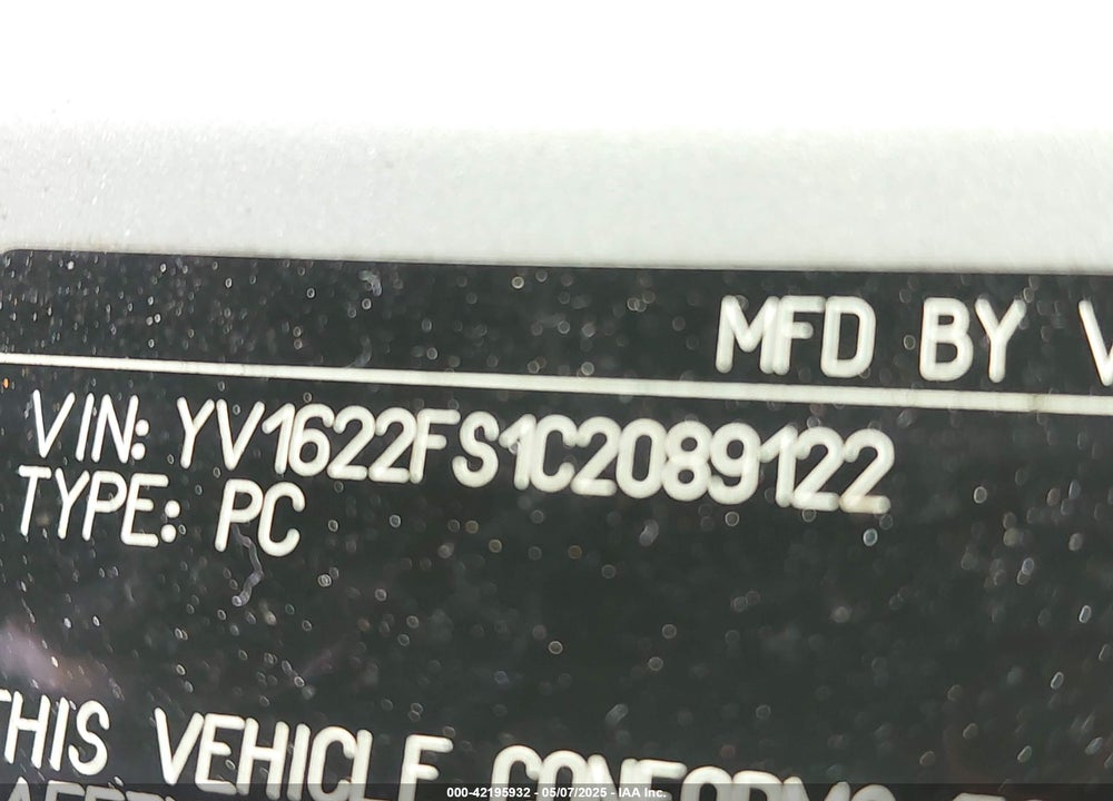 2012 VOLVO S60 T5 VIN: YV1622FS1C2089122