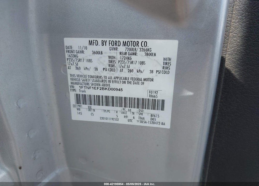 2011 FORD F-150 VIN: 1FTNF1EF2BKD00945