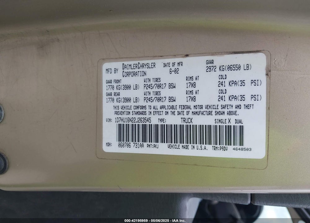 2002 DODGE RAM 1500 ST VIN: 1D7HU16N22J263545