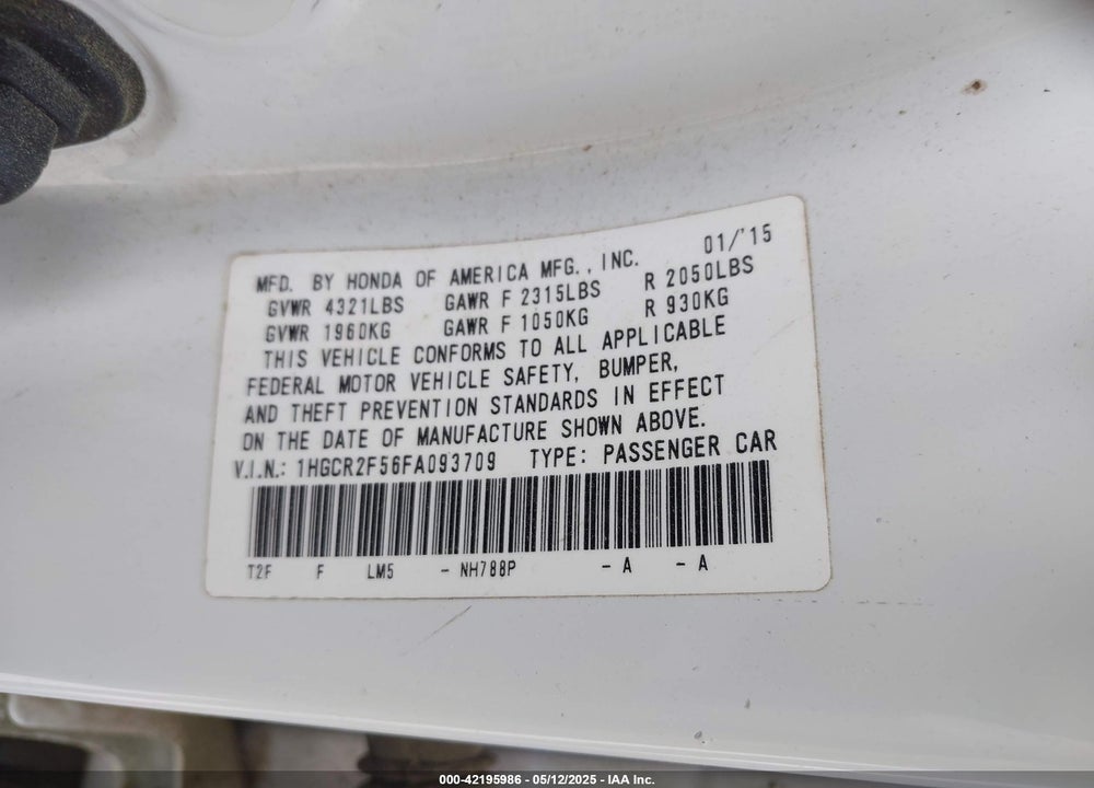 2015 HONDA ACCORD SPORT VIN: 1HGCR2F56FA093709