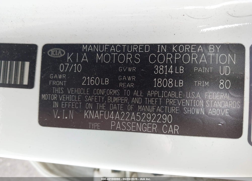 2010 KIA FORTE EX VIN: KNAFU4A22A5292290