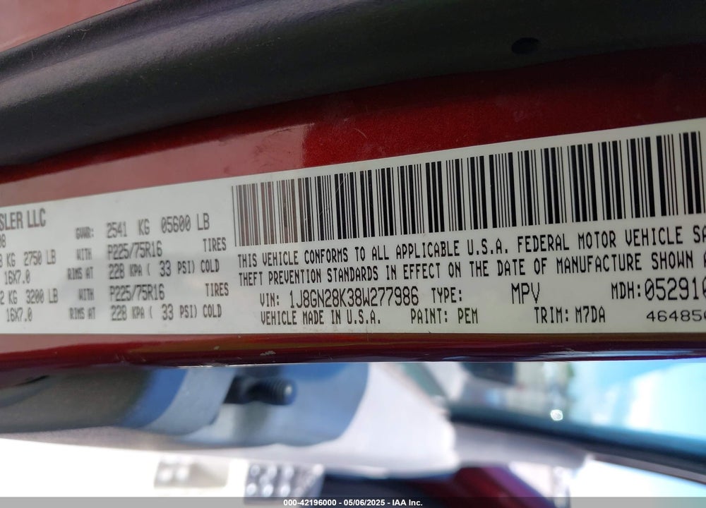 2008 JEEP LIBERTY VIN: 1J8GN28K38W277986