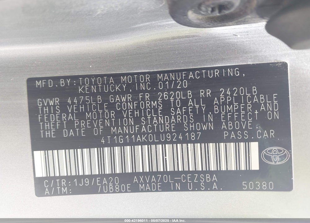 2020 TOYOTA CAMRY SE VIN: 4T1G11AK0LU924187