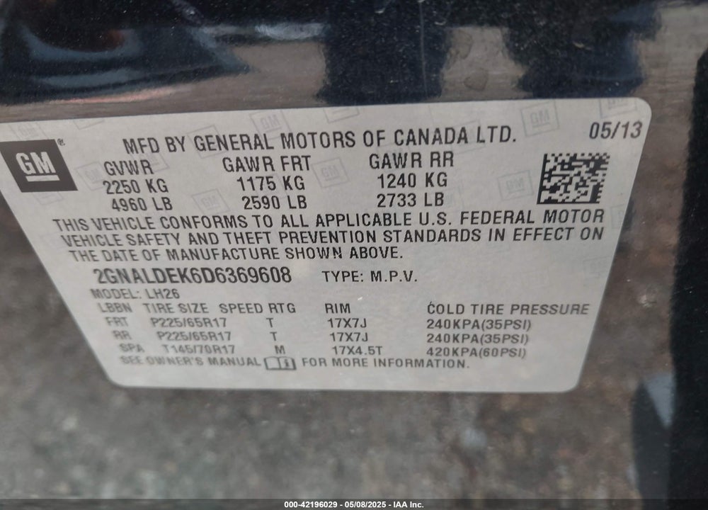 2013 CHEVROLET EQUINOX 1LT VIN: 2GNALDEK6D6369608