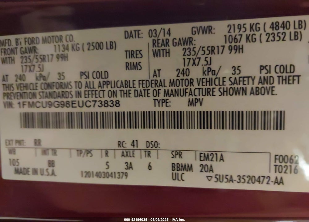 2014 FORD ESCAPE SE VIN: 1FMCU9G98EUC73838