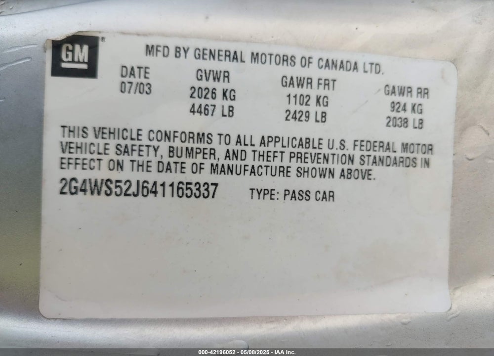 2004 BUICK CENTURY VIN: 2G4WS52J641165337