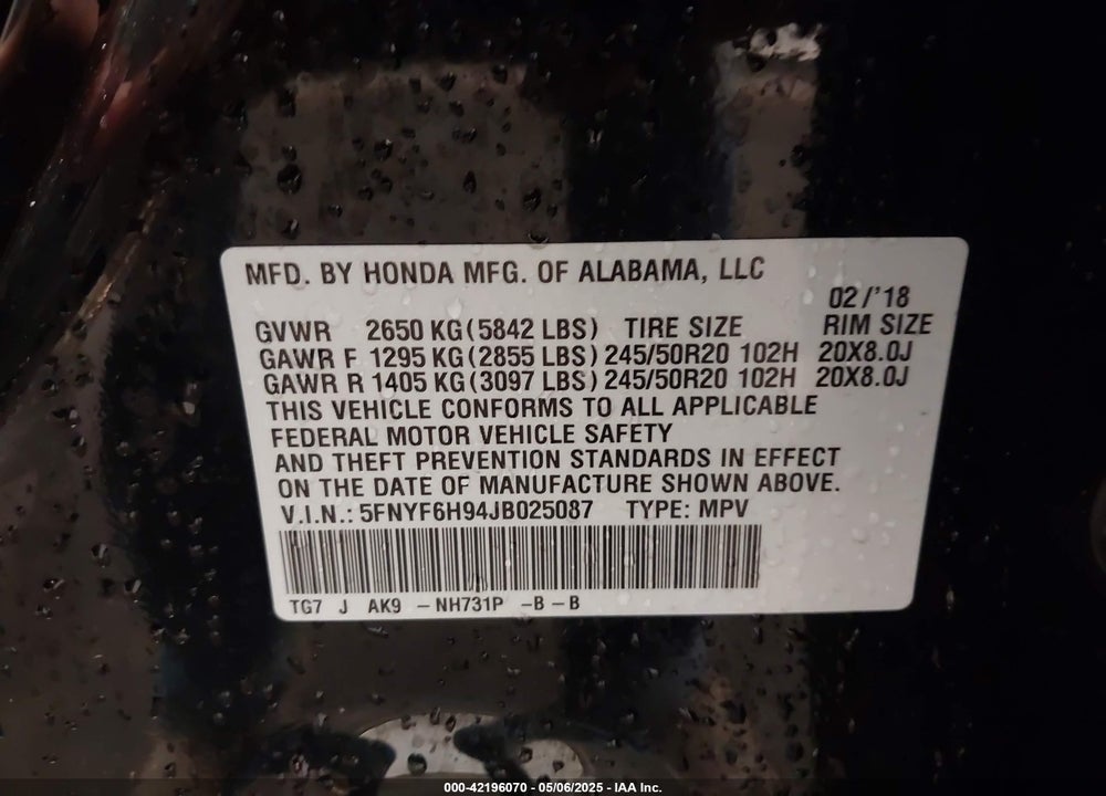 2018 HONDA PILOT VIN: 5FNYF6H94JB025087