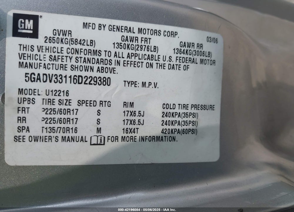 2006 BUICK TERRAZA CXL VIN: 5GADV33116D229380
