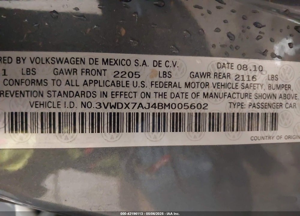 2011 VOLKSWAGEN JETTA VIN: 3VWDX7AJ4BM005602