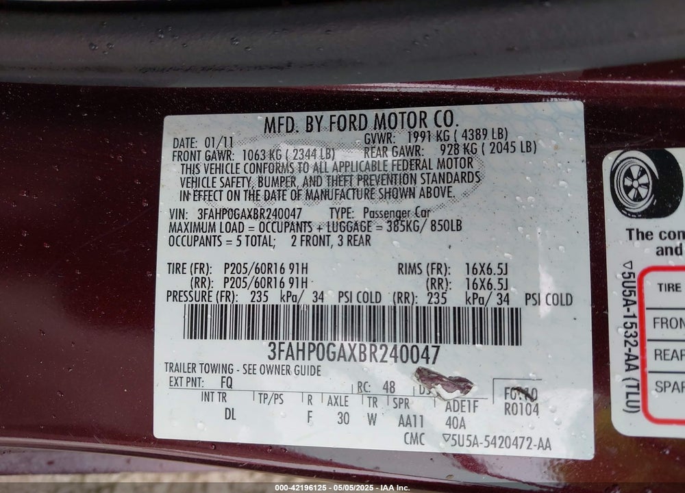 2011 FORD FUSION VIN: 3FAHP0GAXBR240047