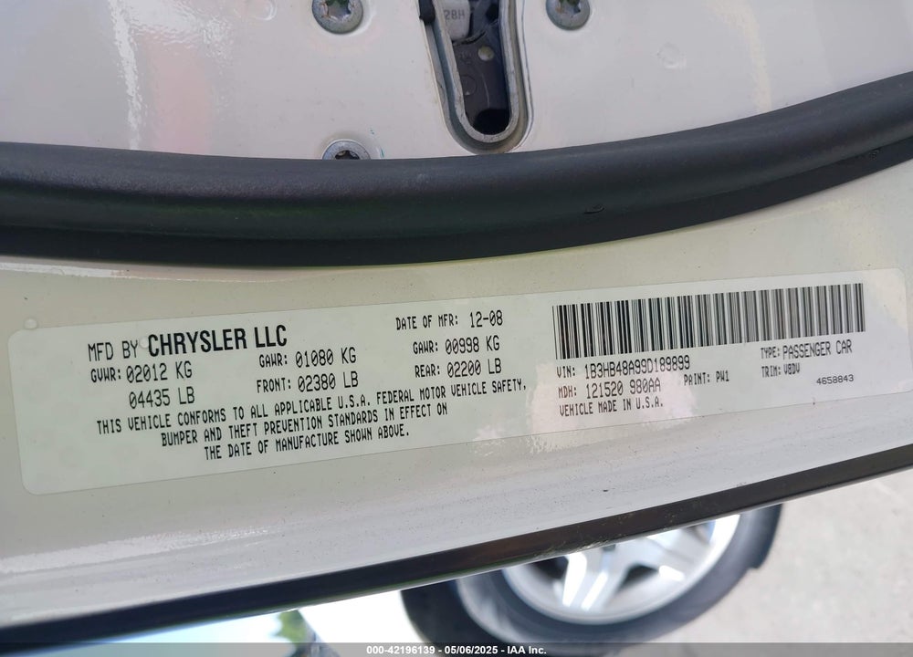 2009 DODGE CALIBER VIN: 1B3HB48A99D189899