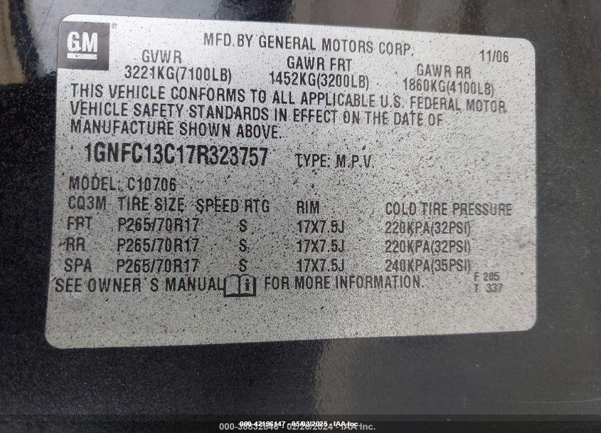 2007 CHEVROLET TAHOE VIN: 1GNFC13C17R323757