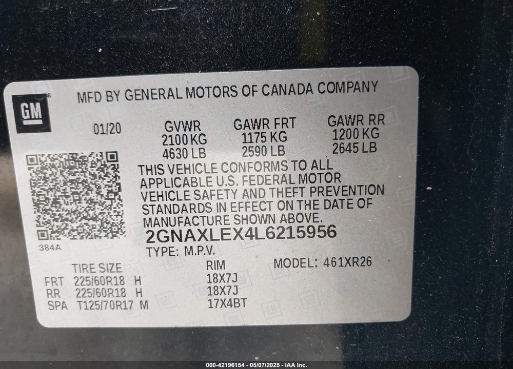 2020 CHEVROLET EQUINOX FWD LT 2.0L TURBO VIN: 2GNAXLEX4L6215956