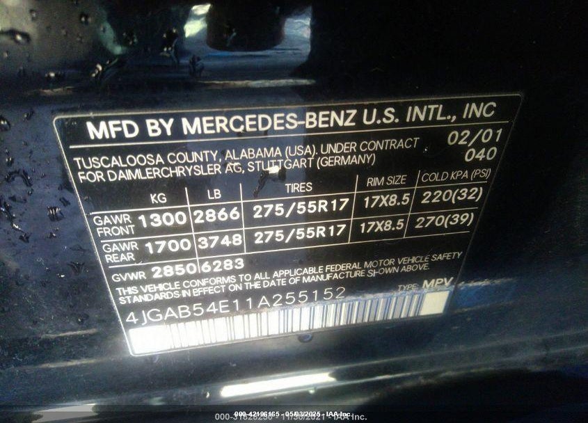 2001 MERCEDES-BENZ ML 320 VIN: 4JGAB54E11A255152