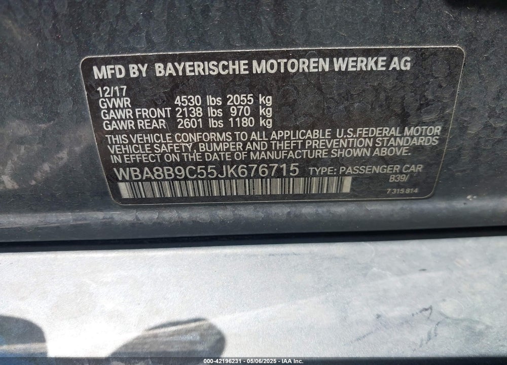 2018 BMW 330I VIN: WBA8B9C55JK676715