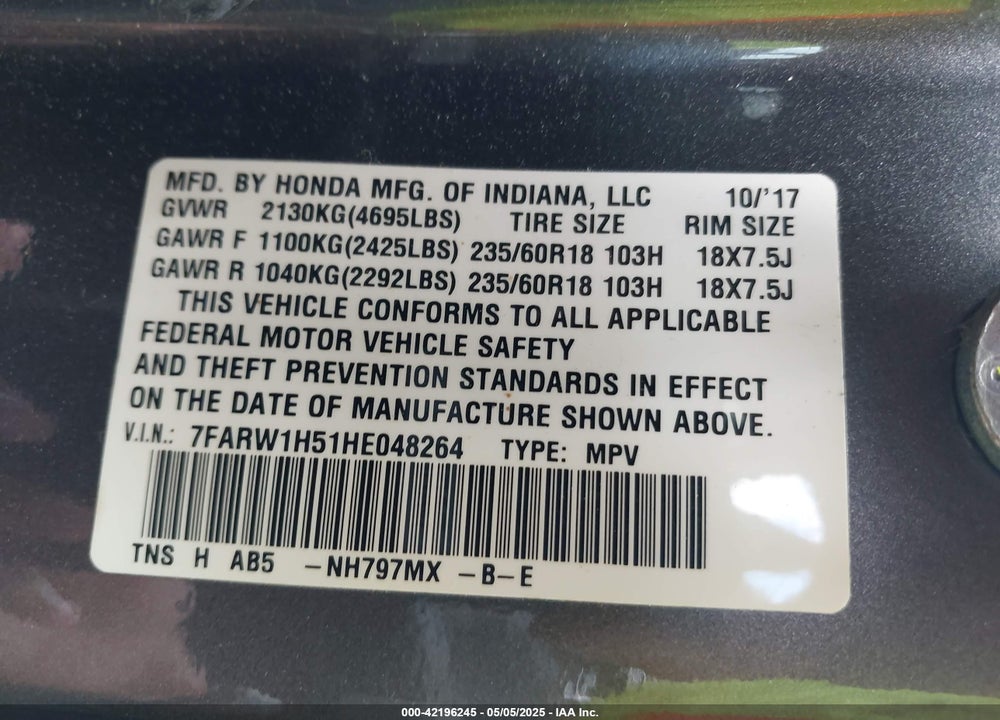 2017 HONDA CR-V EX VIN: 7FARW1H51HE048264