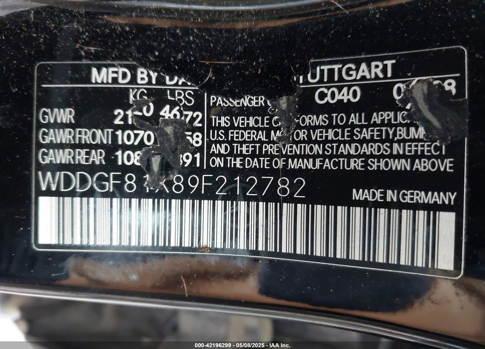 2009 MERCEDES-BENZ C VIN: WDDGF81X89F212782