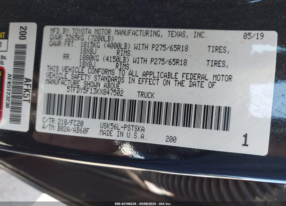 2019 TOYOTA TUNDRA SR5 5.7L V8 VIN: 5TFDY5F13KX847502