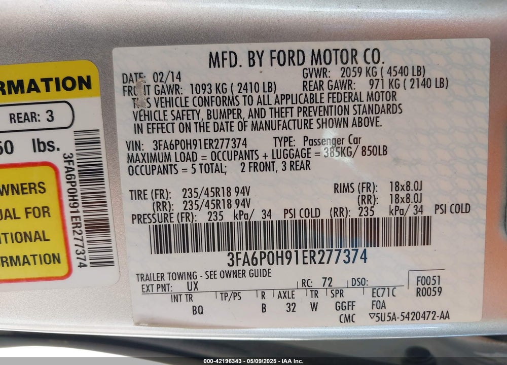 2014 FORD FUSION SE VIN: 3FA6P0H91ER277374