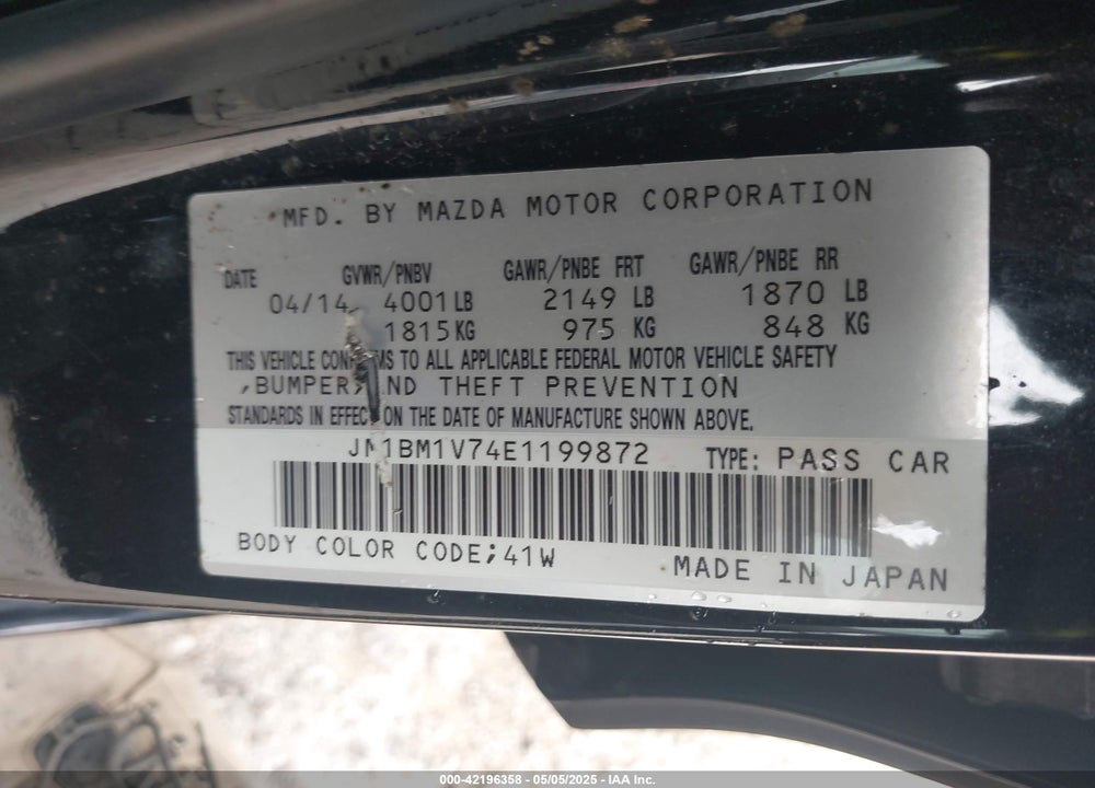 2014 MAZDA 3 I TOURING VIN: JM1BM1V74E1199872