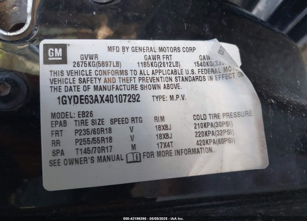 2004 CADILLAC SRX V8 VIN: 1GYDE63AX40107292