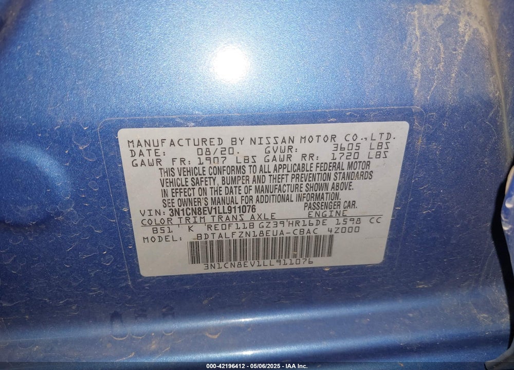 2020 NISSAN VERSA SV XTRONIC CVT VIN: 3N1CN8EV1LL911076