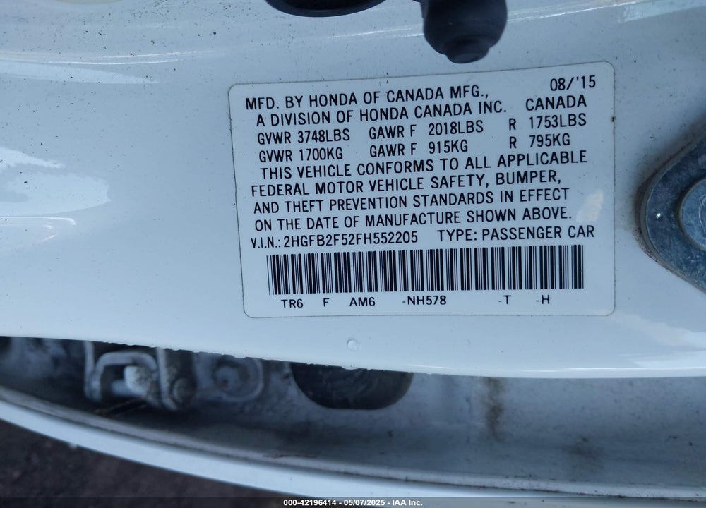 2015 HONDA CIVIC VIN: 2HGFB2F52FH552205