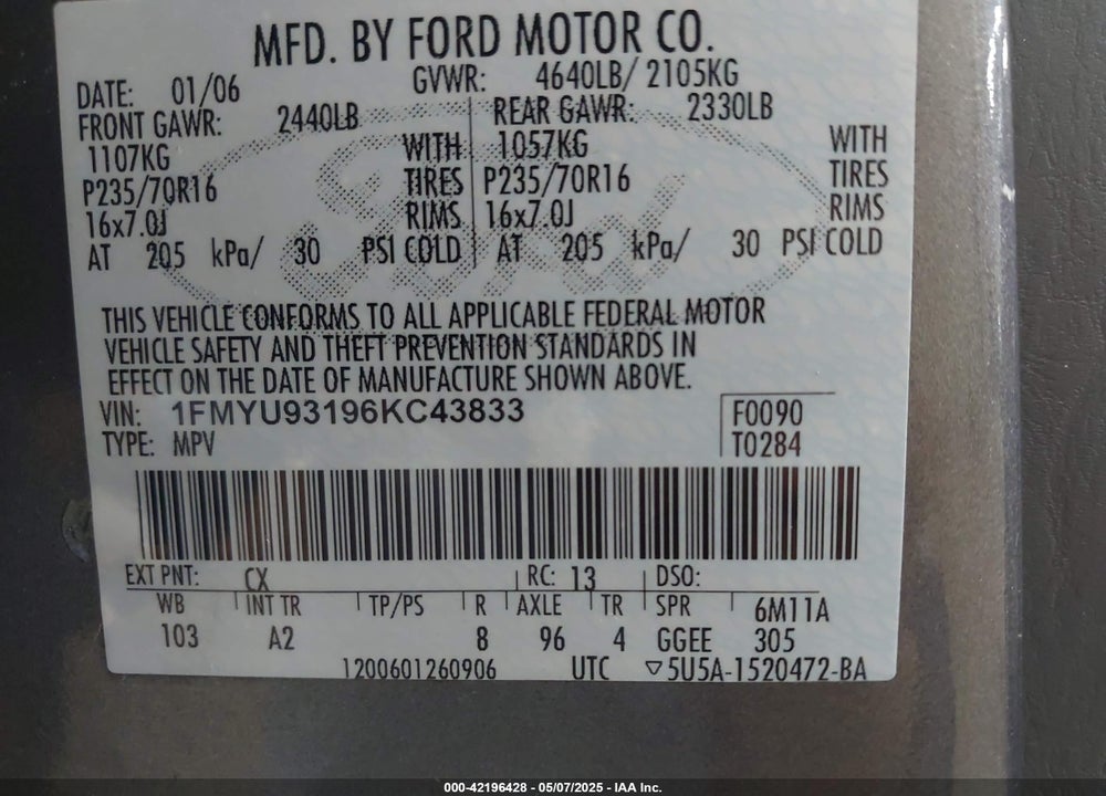 2006 FORD ESCAPE VIN: 1FMYU93196KC43833
