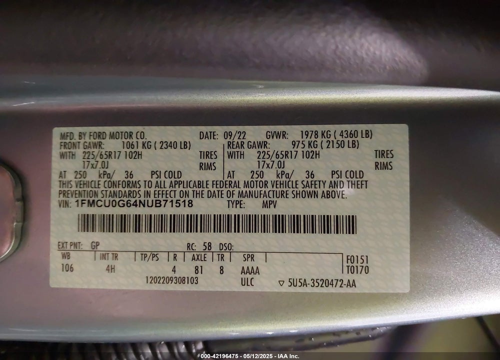 2022 FORD ESCAPE SE VIN: 1FMCU0G64NUB71518