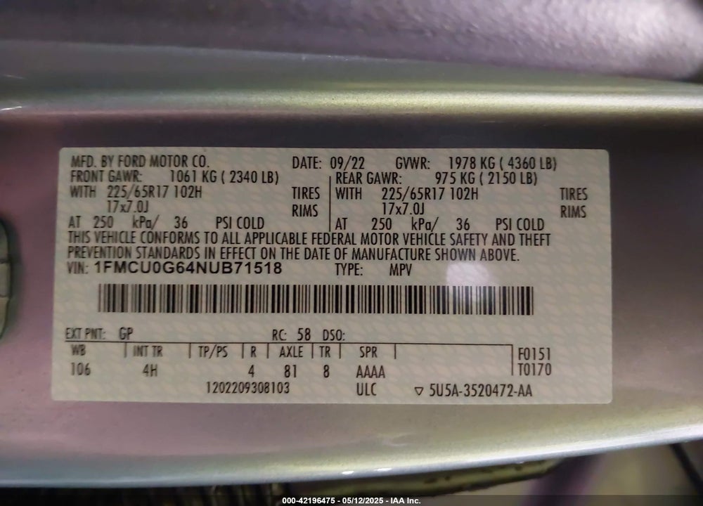 2022 FORD ESCAPE SE VIN: 1FMCU0G64NUB71518