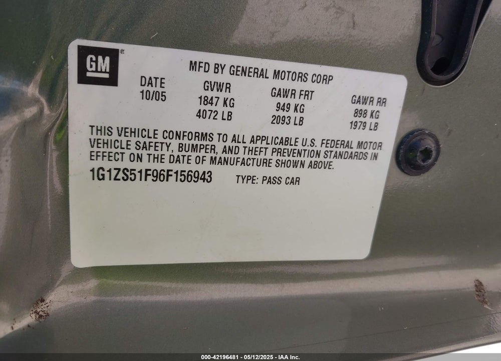 2006 CHEVROLET MALIBU VIN: 1G1ZS51F96F156943