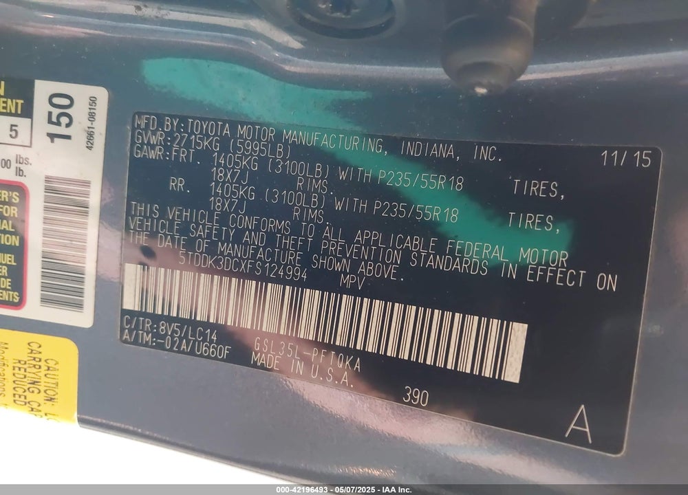 2015 TOYOTA SIENNA XLE 7 PASSENGER VIN: 5TDDK3DCXFS124994