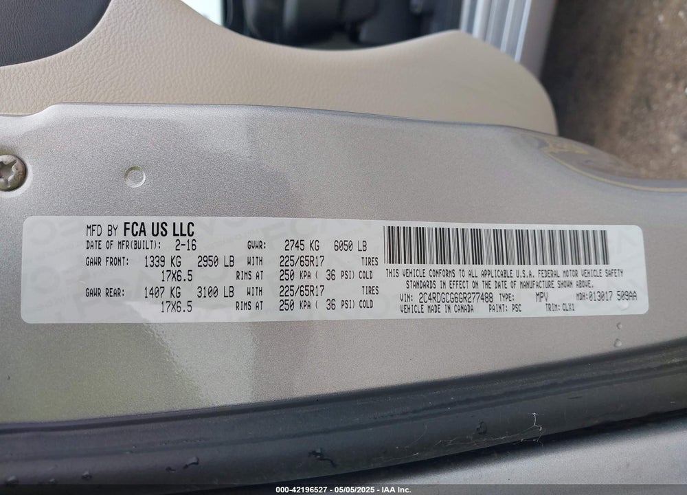 2016 DODGE GRAND CARAVAN SXT VIN: 2C4RDGCG6GR277488