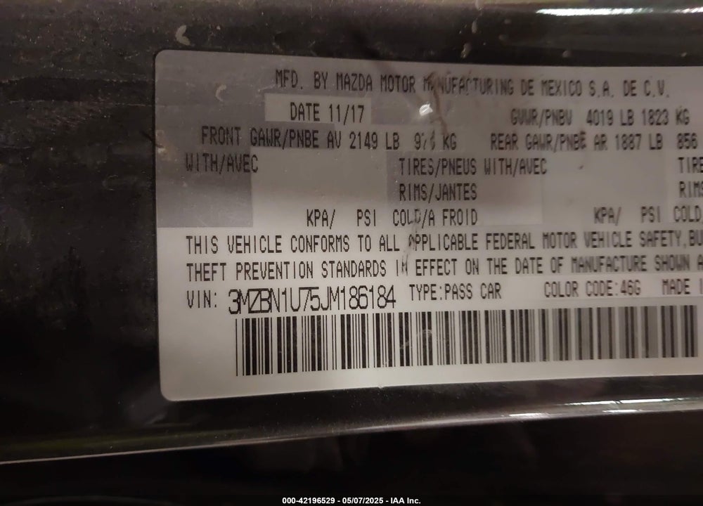 2018 MAZDA 3 VIN: 3MZBN1U75JM186184