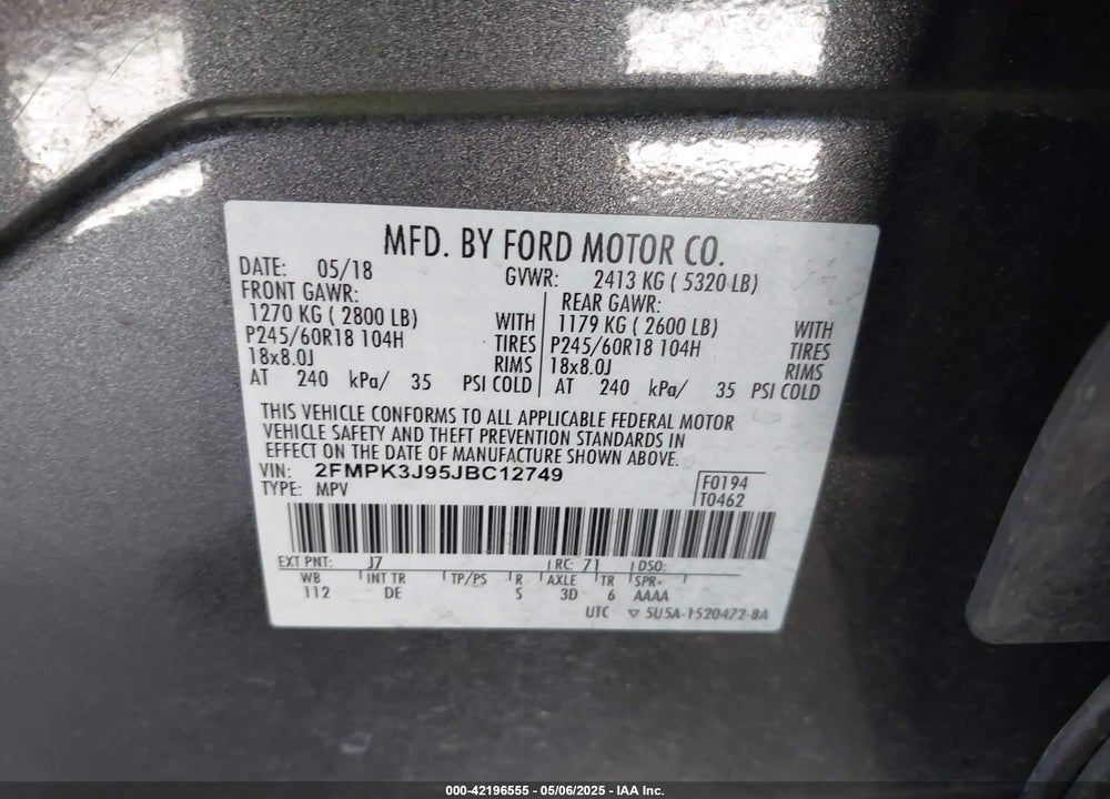 2018 FORD EDGE SEL VIN: 2FMPK3J95JBC12749